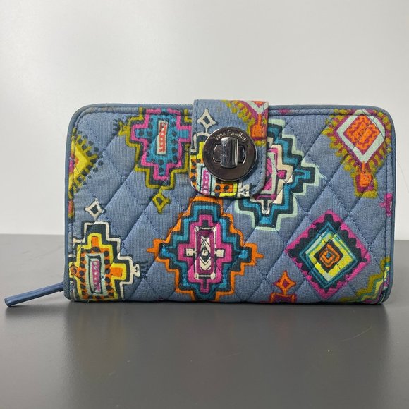 VERA BRADLEY Women's Blue Southwestern Pattern Rfid Turnlock Wallet - Picture 1 of 7
